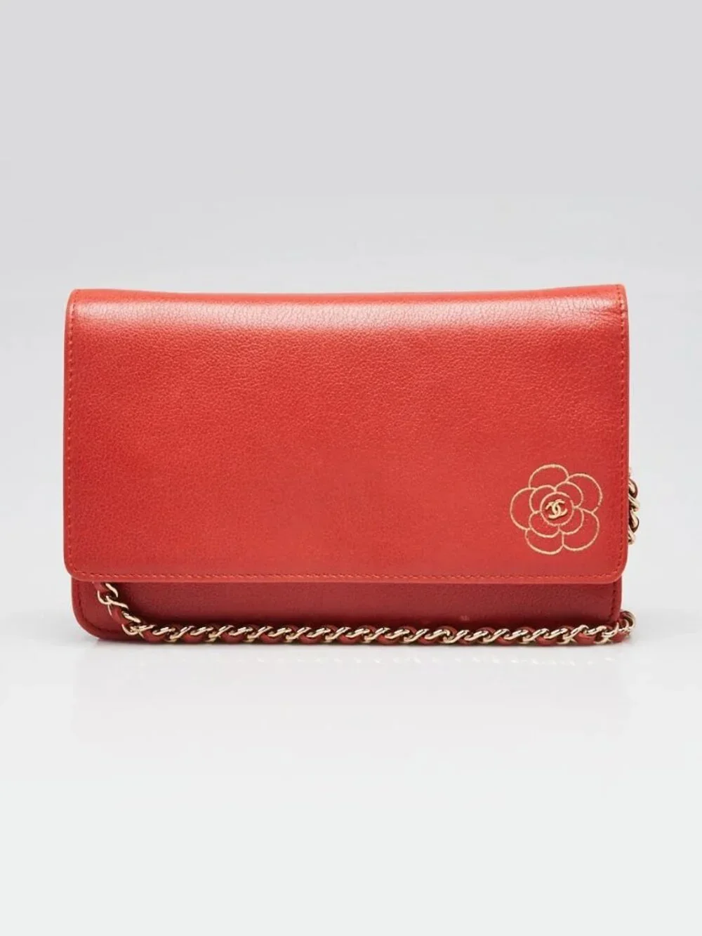 Chanel Red Grained Leather Camellia Embossed WOC Clutch Bag